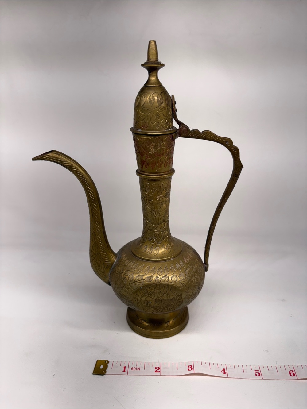 Vintage Indian Brass Aftaba Ewer Pitcher Etched Bohemian Decor
